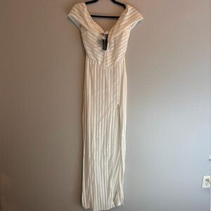 White sequin dress, floor length, off-shoulder. Perfect for wedding activities!